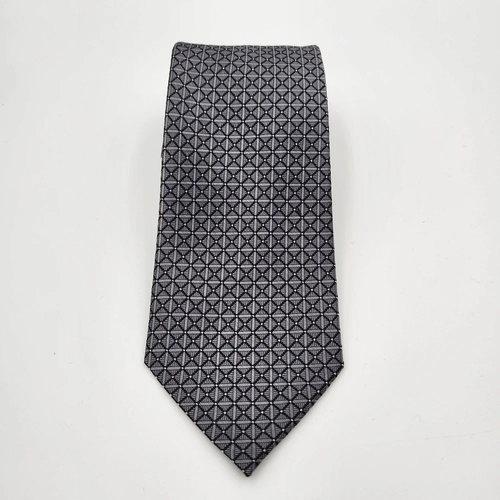 John Bartlett Statements Mens‎ Black Geometric Grid Pattern Silk Formal Neck Tie